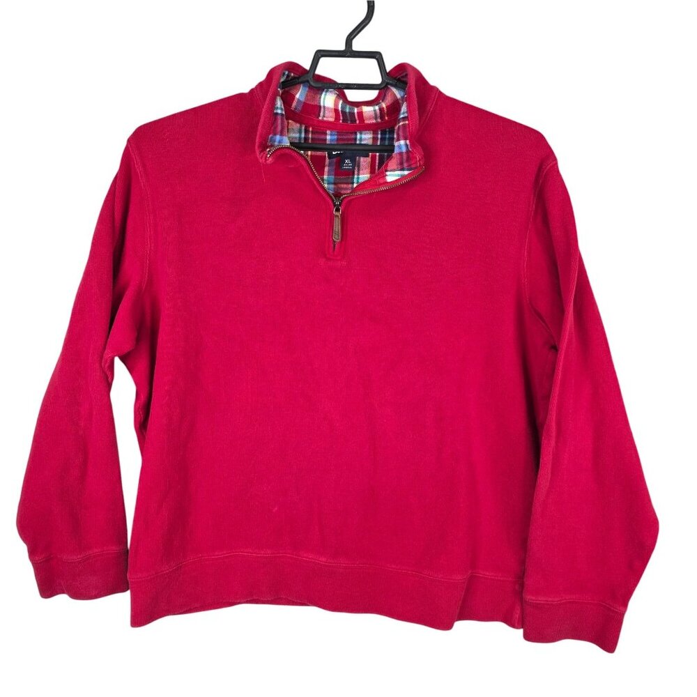 Mens Lands End Red Pullover 1/4 Zip Sweatshirt Long Sleeve 100% Cotton Size XL